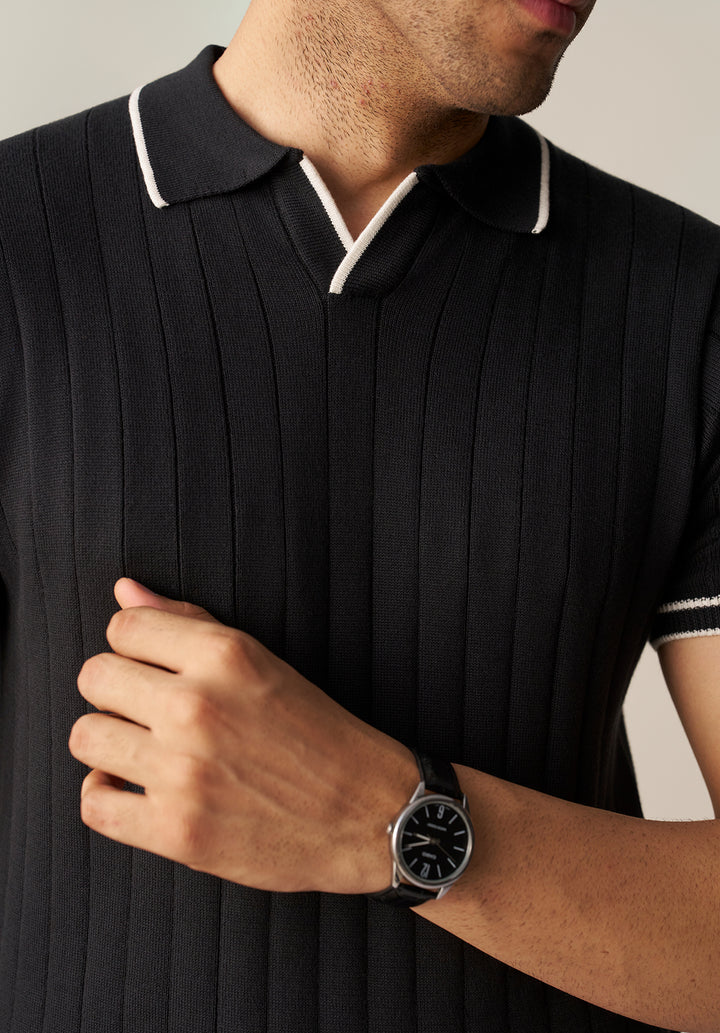 DROP NEEDLE KNITTED POLO SHIRT (YTS-BK/W)