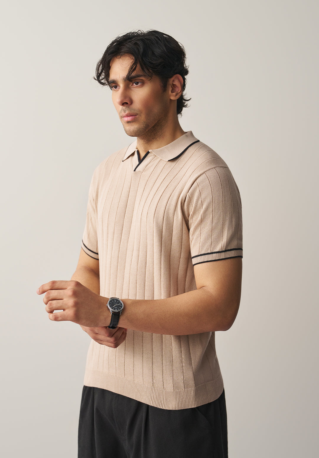 DROP NEEDLE KNITTED POLO SHIRT (YTS-BEG/BK)