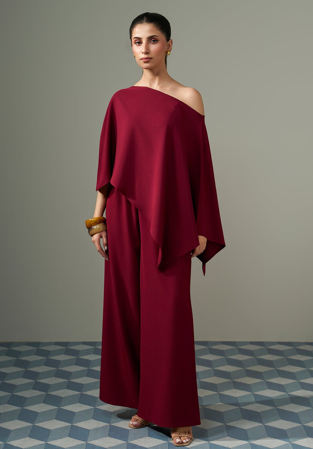 One Shoulder Co ord Set -  Maroon