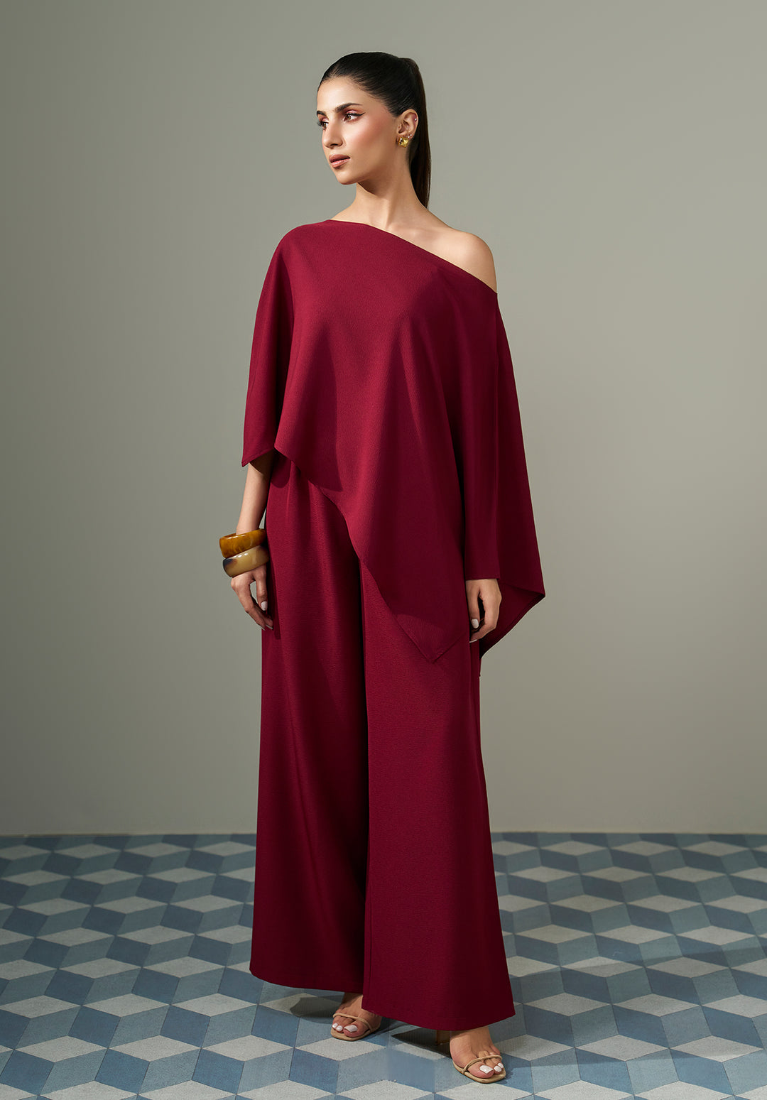 One Shoulder Co ord Set -  Maroon