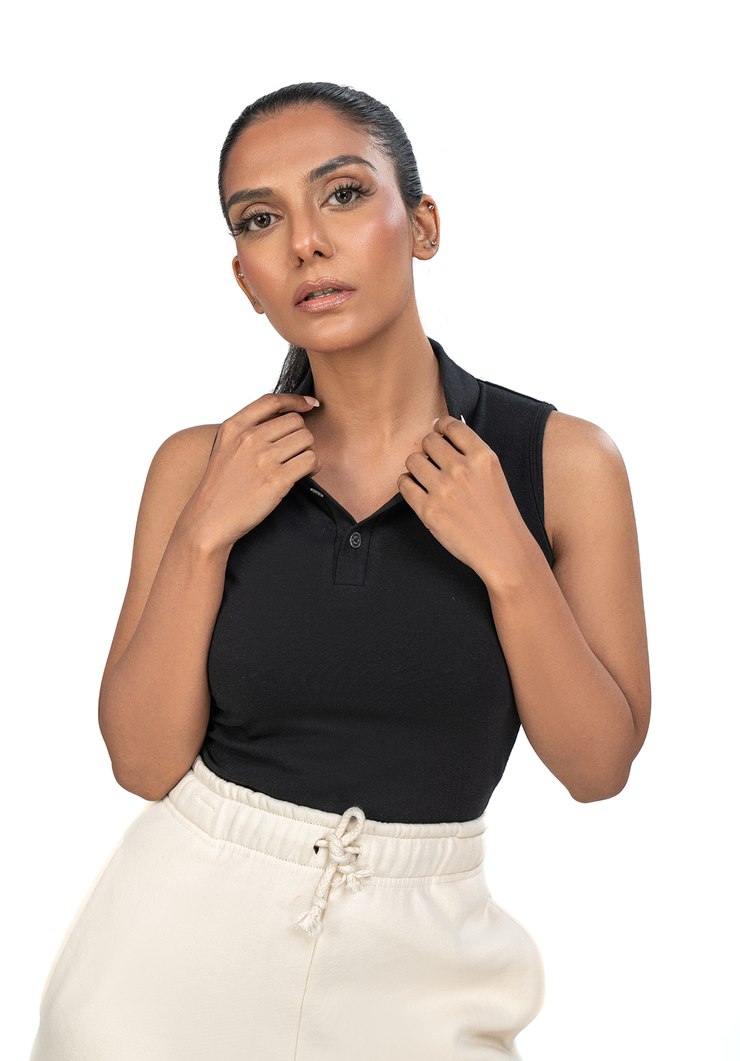 Black Button Collar Sleeveless Crop Top