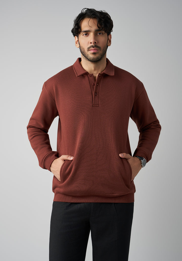 Brown Button Collar Sweat Shirt Men