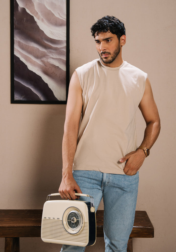 Beige Men Sleeveless Crewneck Tshirt
