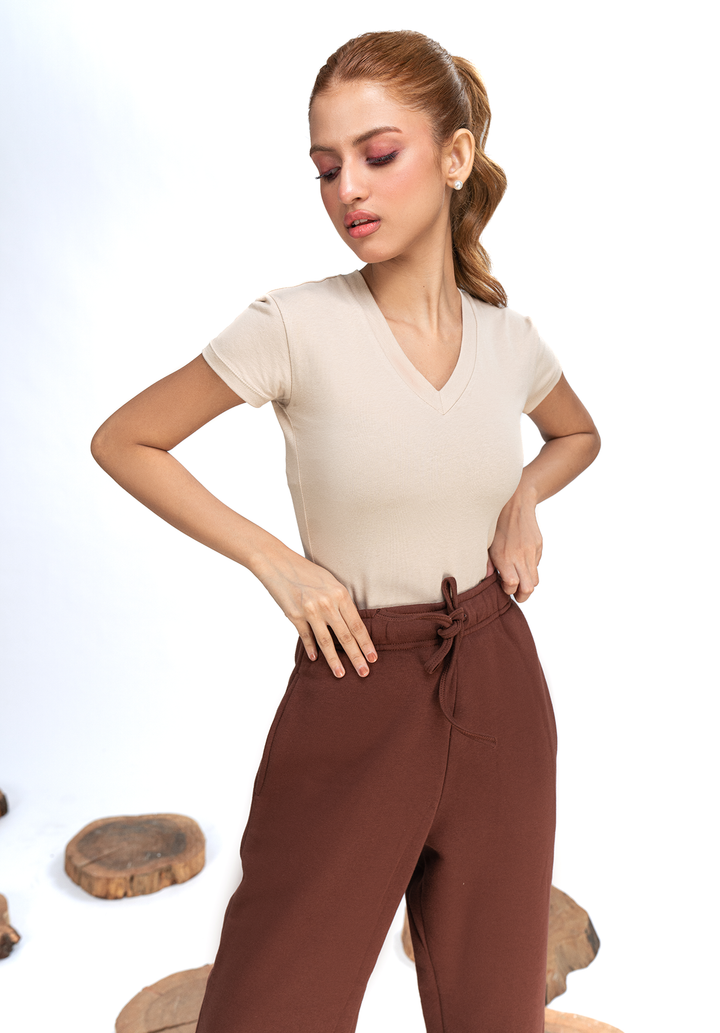 Beige Capped Sleeves Bodysuit