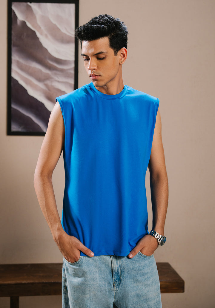 Blue Men Sleeveless Crewneck Tshirt