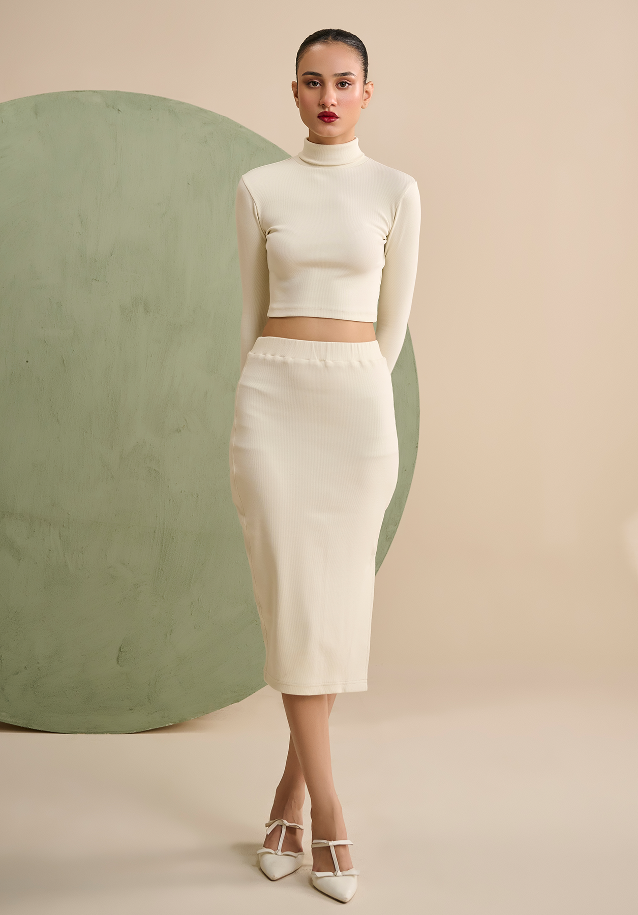 Creme - 2 piece Co Ord set (Turtle neck crop top with pencil skirt)