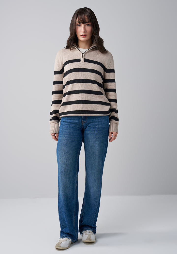 Beige and Black Stripe Knit Sweater Women