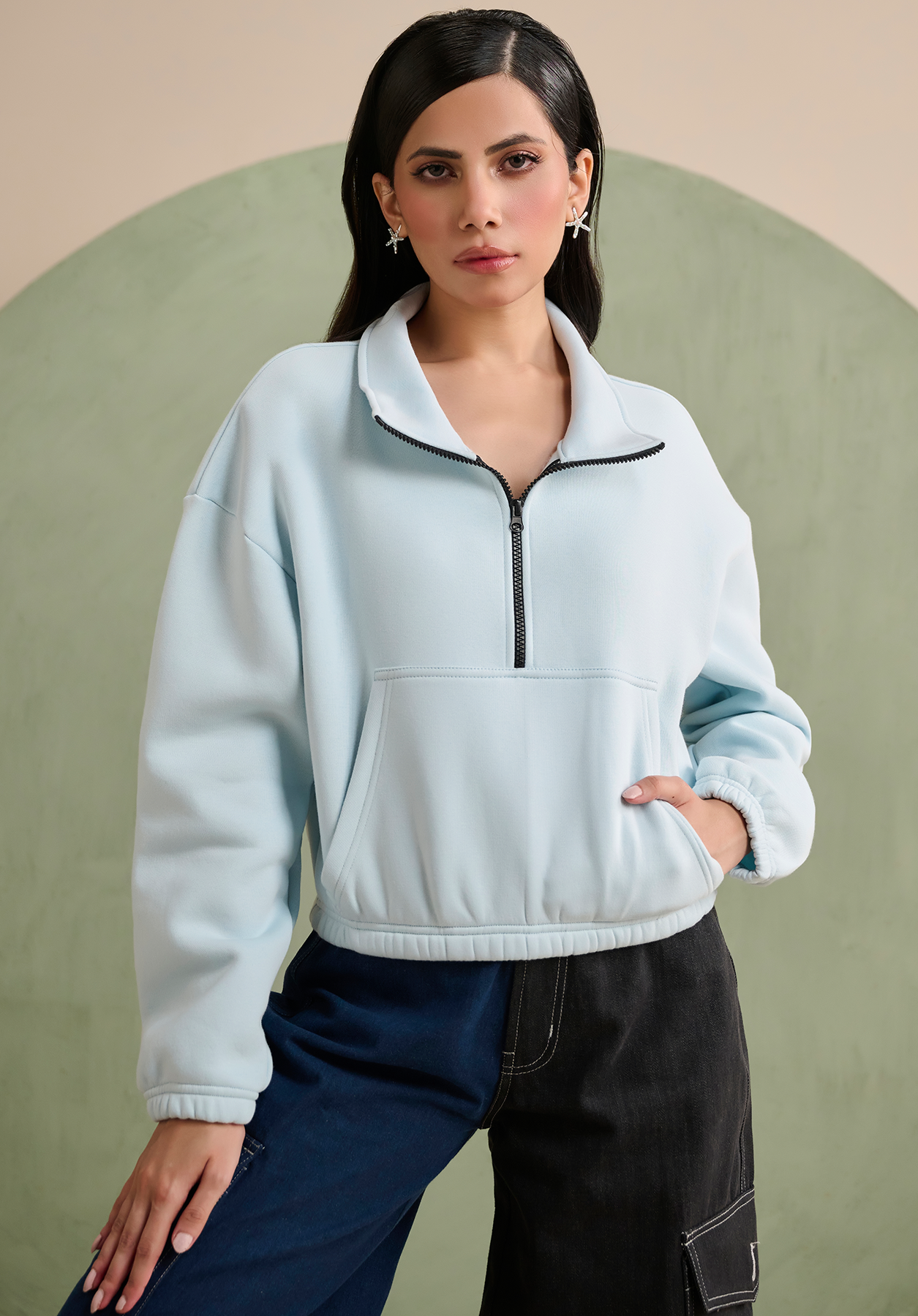 Sky Blue Half zip crop sweatshirt