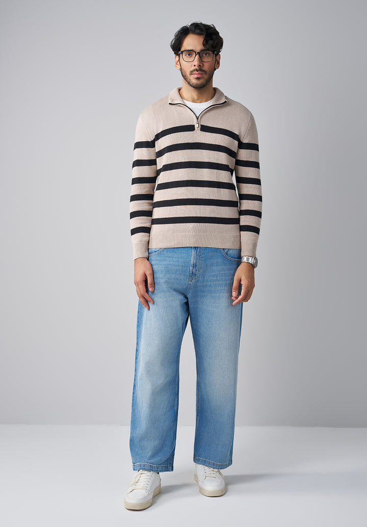Beige and Black Stripe Knit Sweater Men