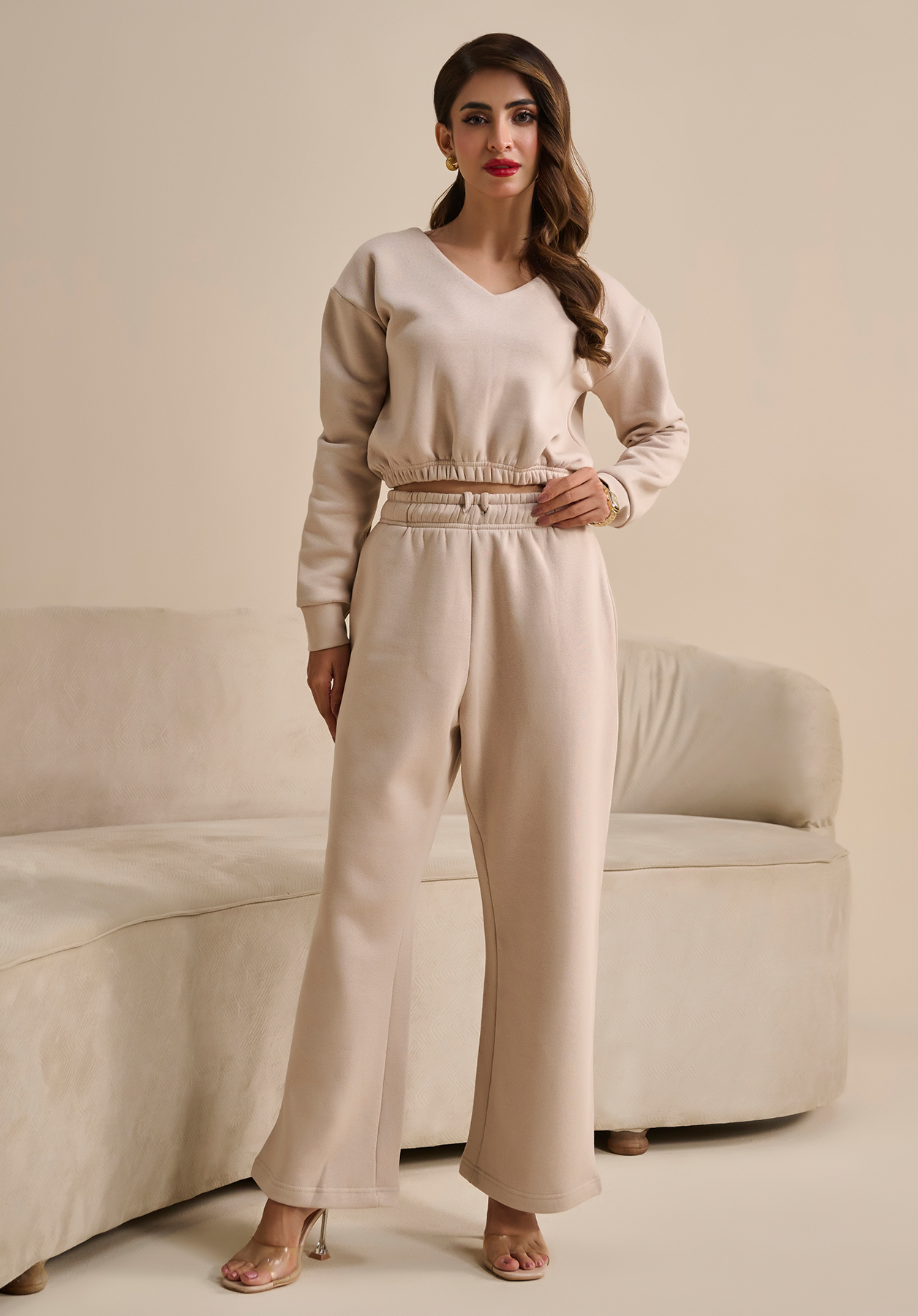 CO ORD SET V-SHAPE BEIGE