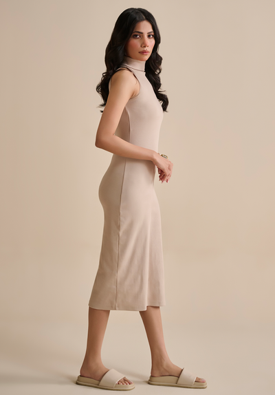 Beige High neck midi dress