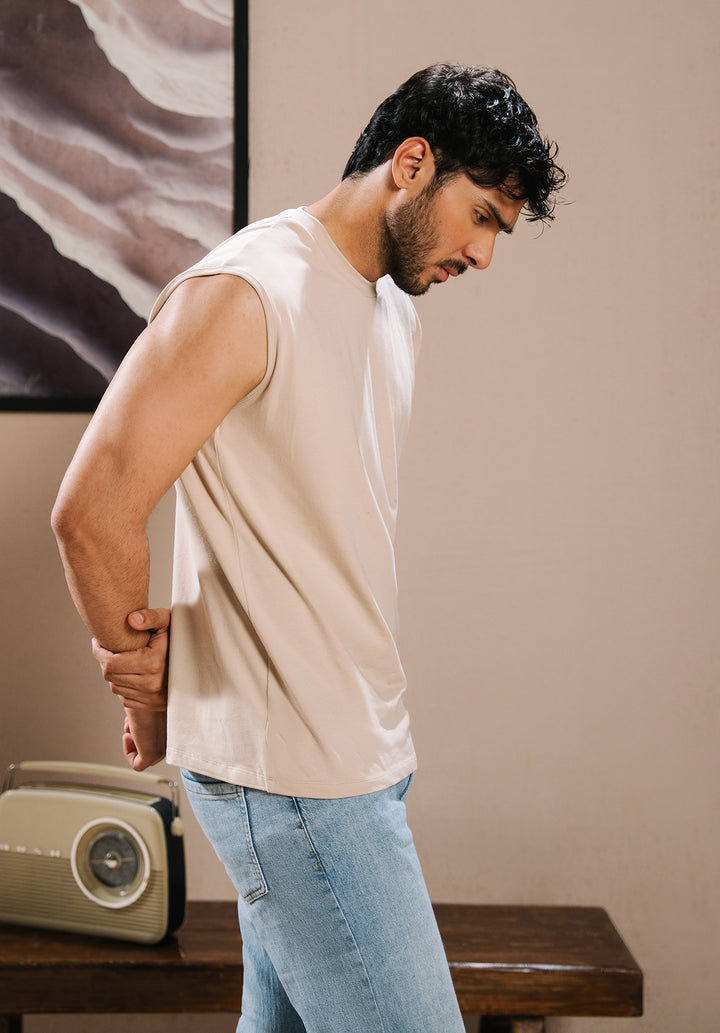 Beige Men Sleeveless Crewneck Tshirt