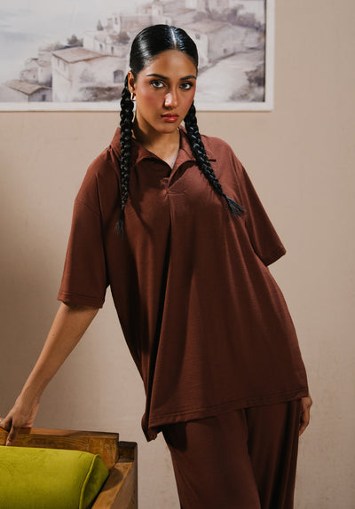 Brown V Neck Cord Set