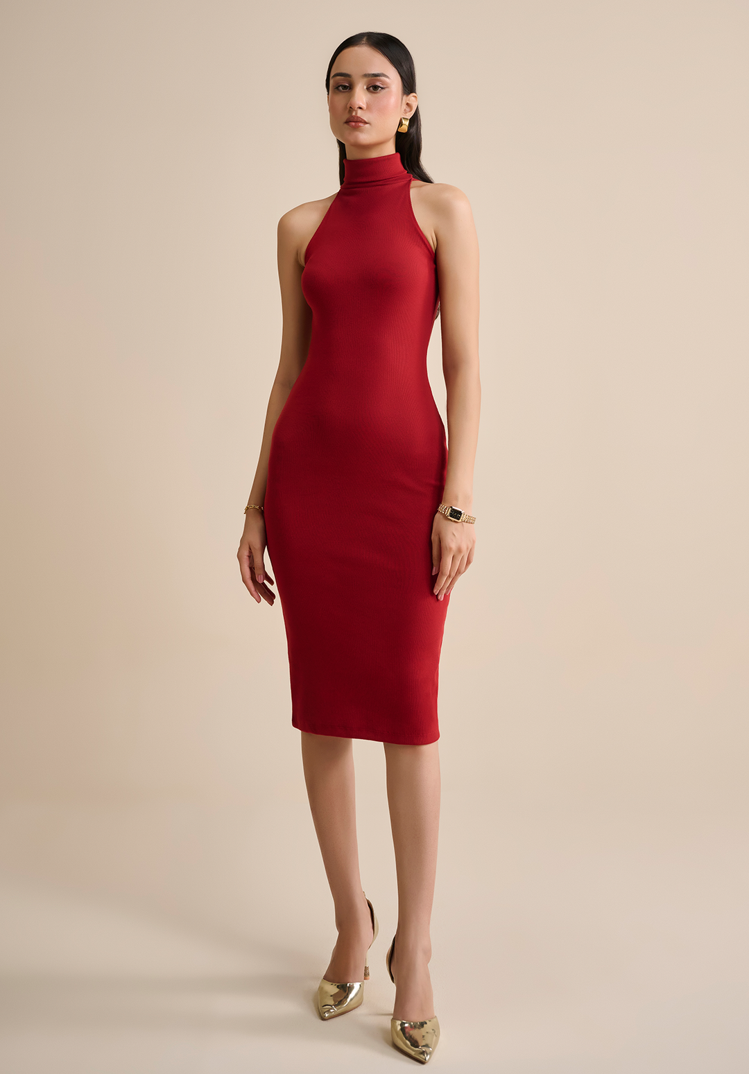 Burgundy High neck midi dress – yarathestore
