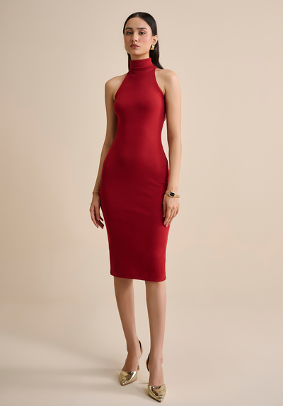 Burgundy High neck midi dress