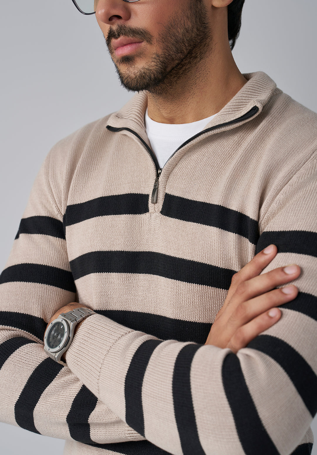 Beige and Black Stripe Knit Sweater Men