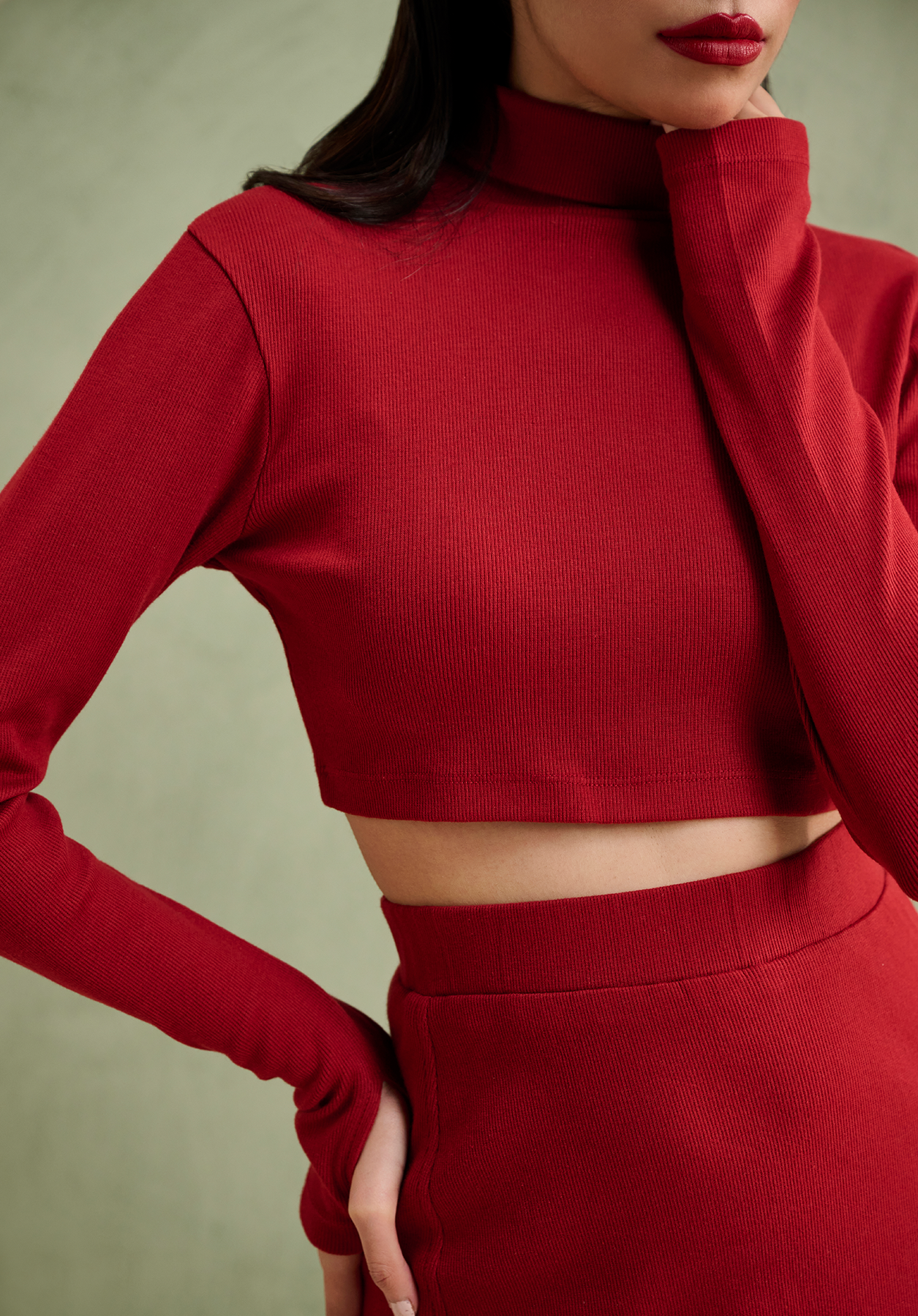 Burgundy - 2 piece Co Ord set (Turtle neck crop top with pencil skirt)