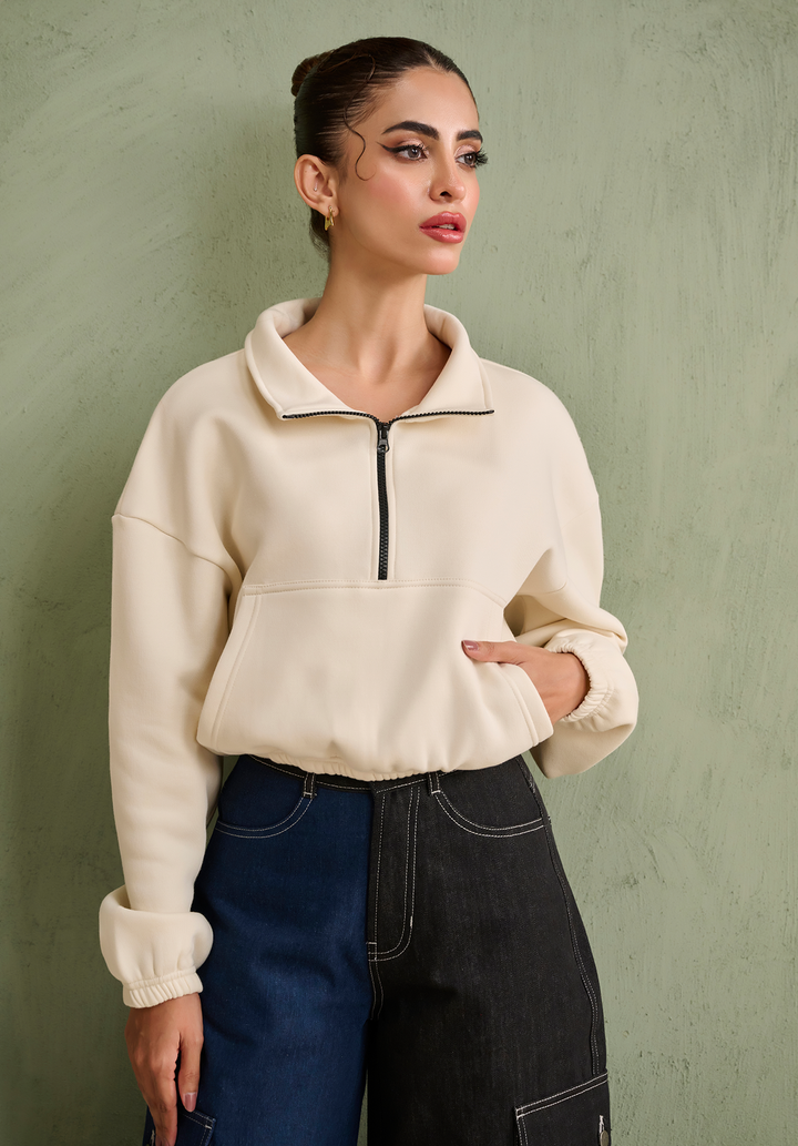 Creme Half zip crop sweatshirt
