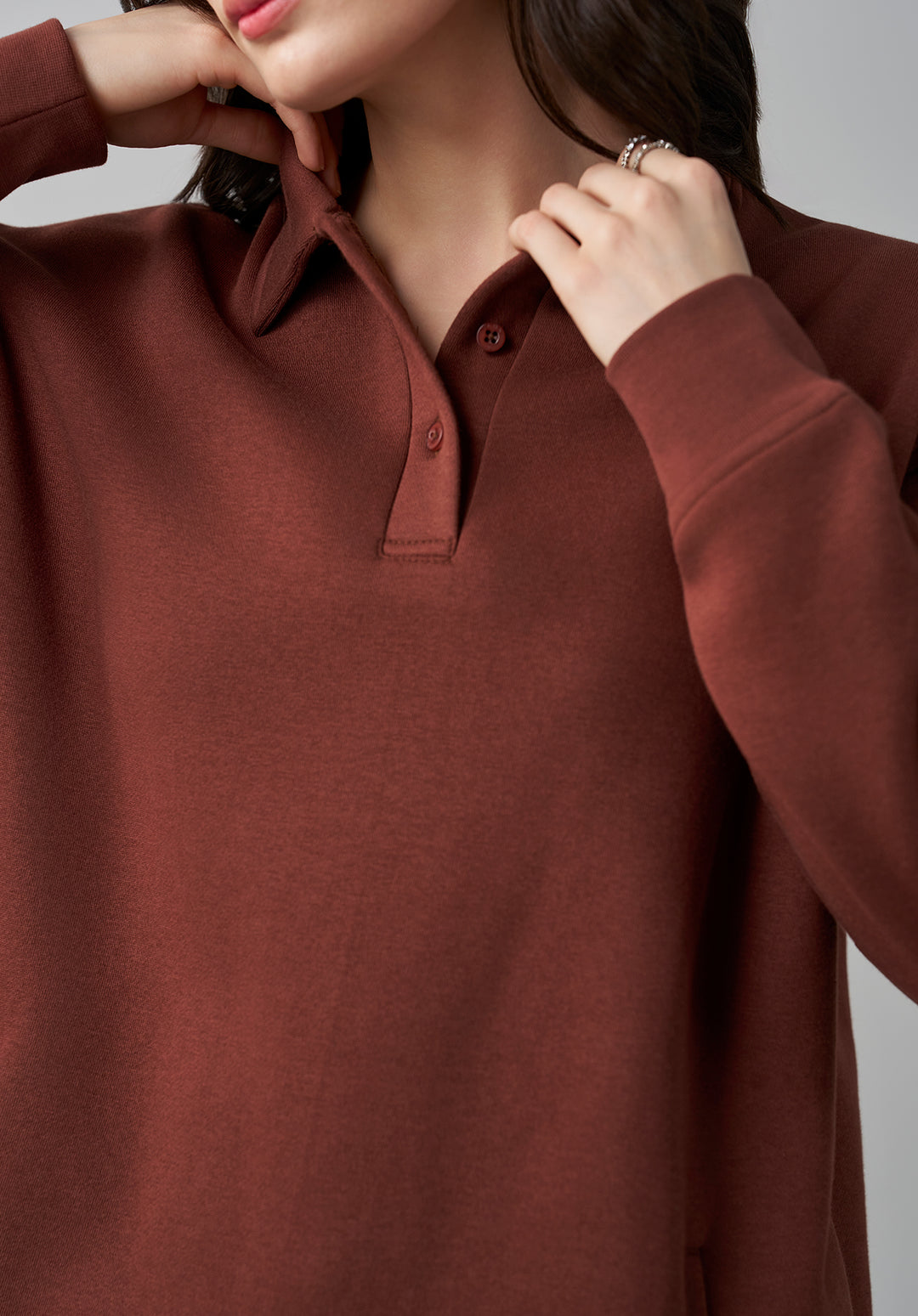 Brown Button Collar Sweat Shirt Women