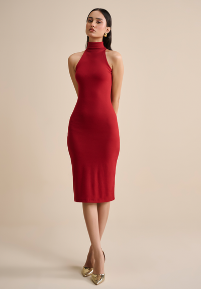 Burgundy High neck midi dress