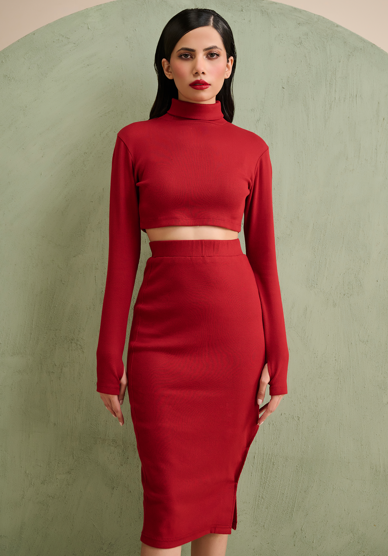 Burgundy - 2 piece Co Ord set (Turtle neck crop top with pencil skirt)