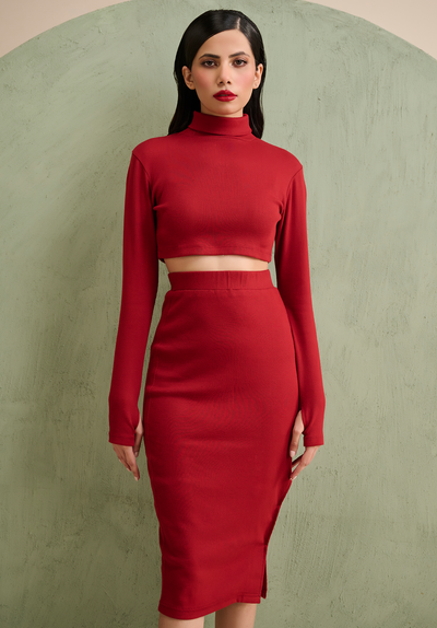 Burgundy - 2 piece Co Ord set (Turtle neck crop top with pencil skirt)