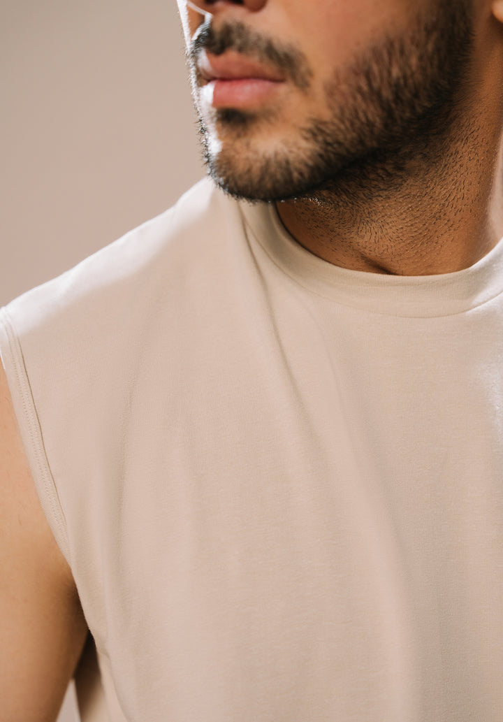Beige Men Sleeveless Crewneck Tshirt