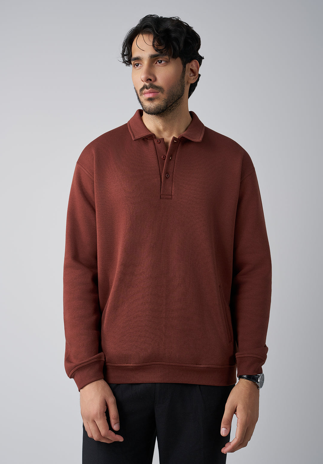 Brown Button Collar Sweat Shirt Men
