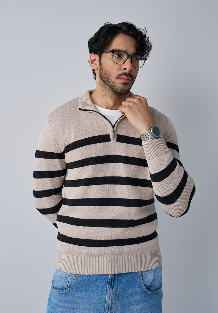 Beige and Black Stripe Knit Sweater Men