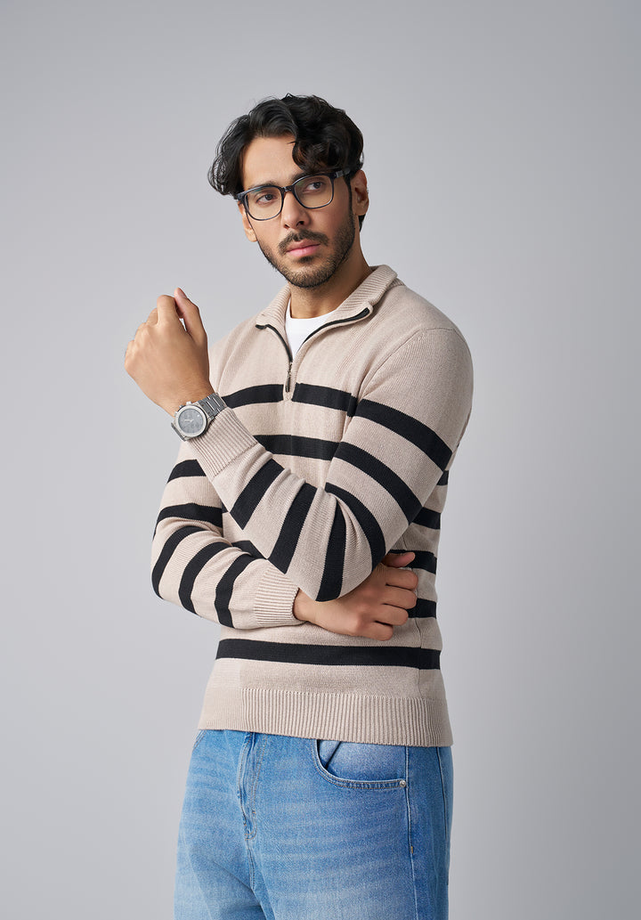 Beige and Black Stripe Knit Sweater Men