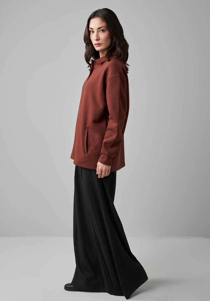 Brown Button Collar Sweat Shirt Women