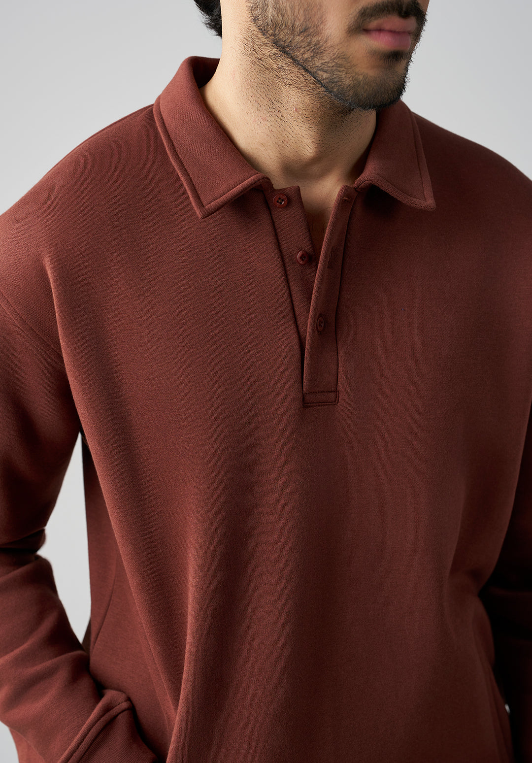 Brown Button Collar Sweat Shirt Men