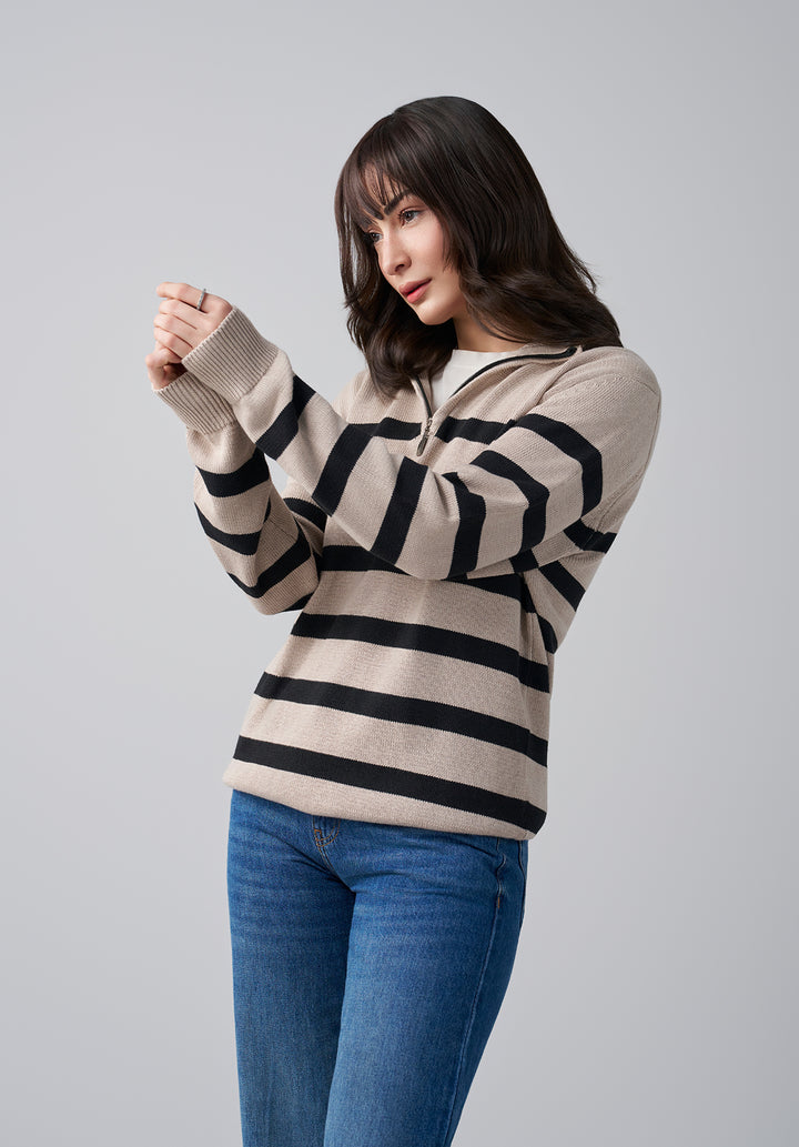 Beige and Black Stripe Knit Sweater Women