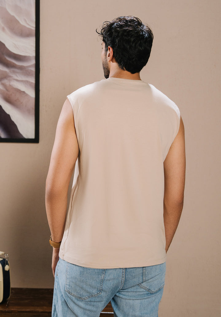 Beige Men Sleeveless Crewneck Tshirt