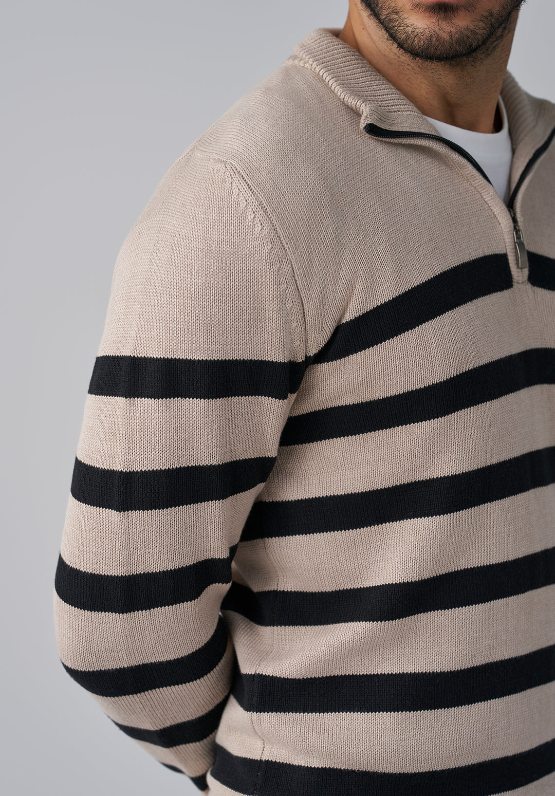 Beige and Black Stripe Knit Sweater Men