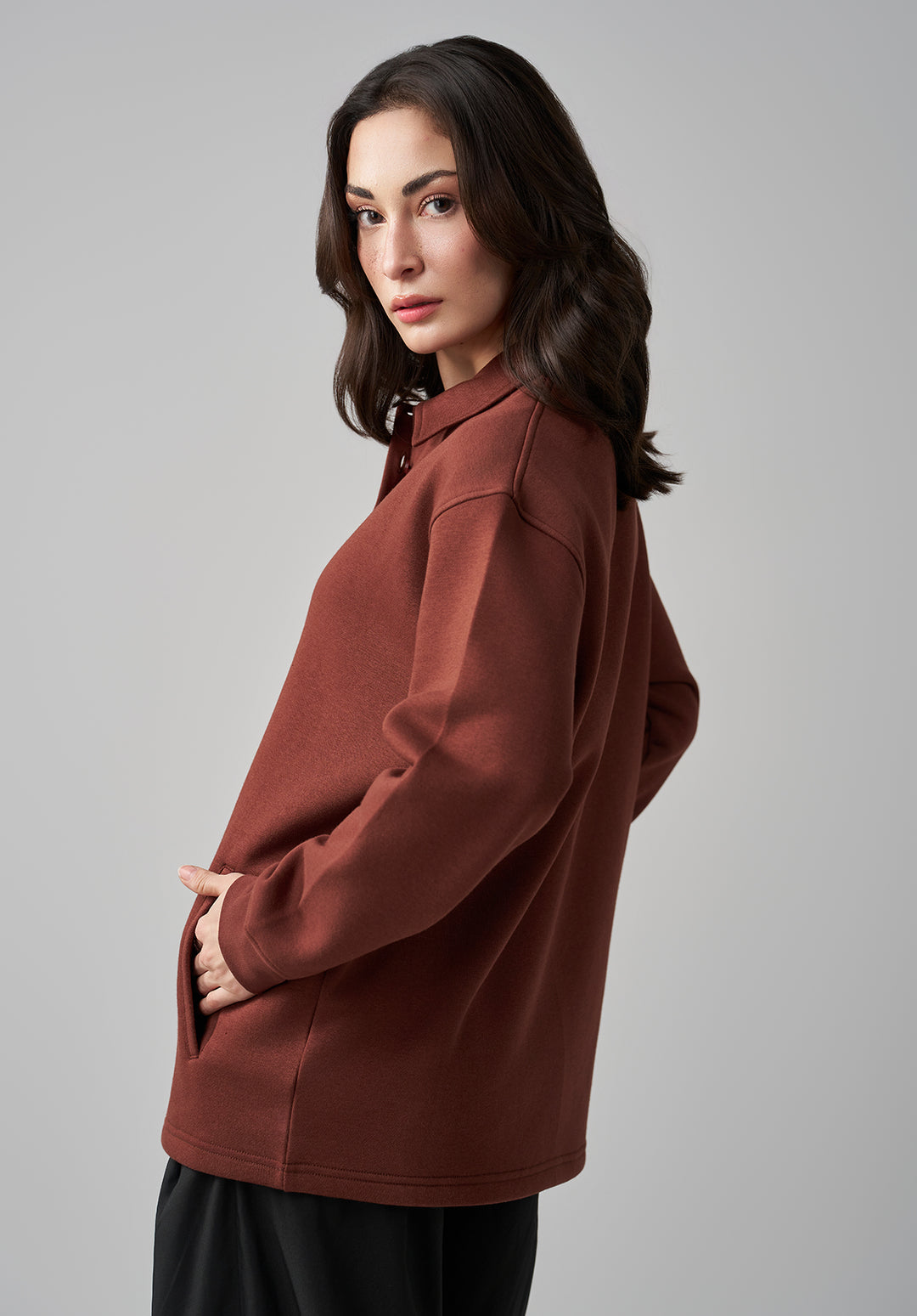 Brown Button Collar Sweat Shirt Women