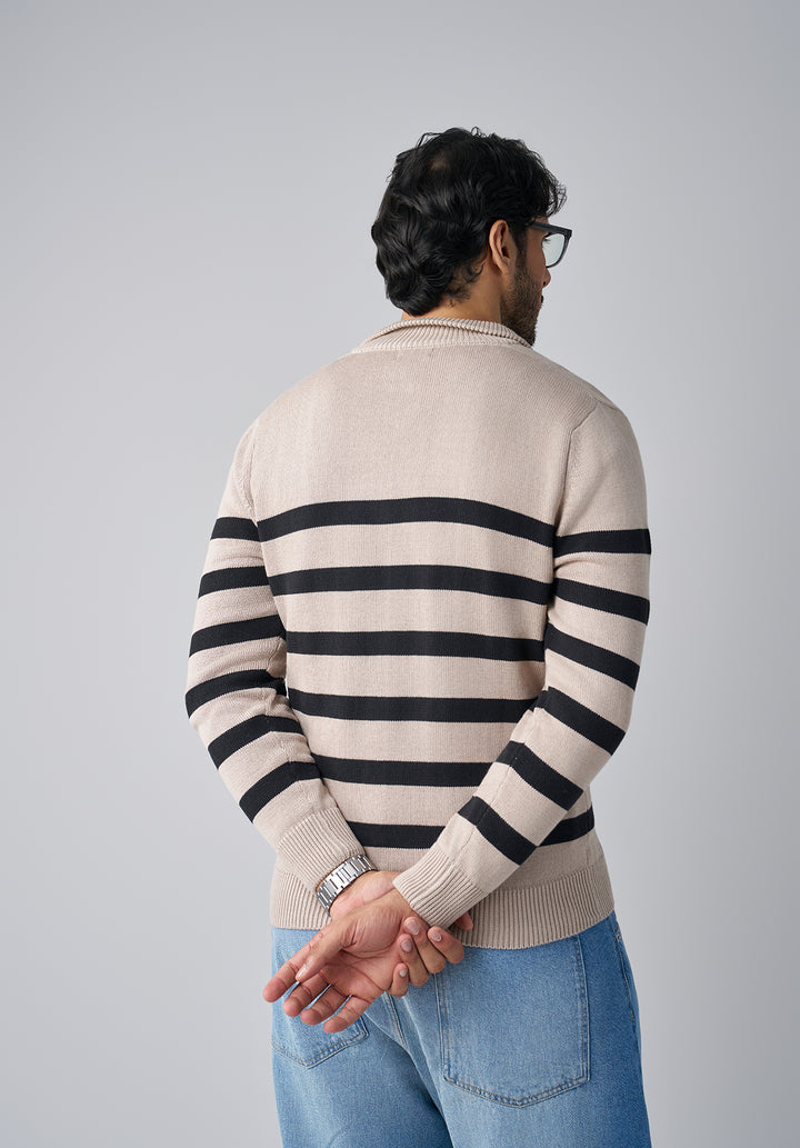Beige and Black Stripe Knit Sweater Men