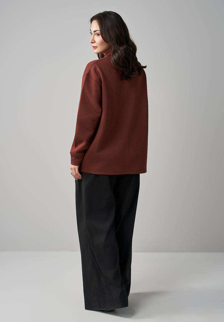 Brown Button Collar Sweat Shirt Women