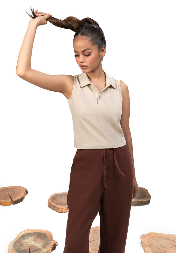 Beige Button Collar Sleeveless Crop Top
