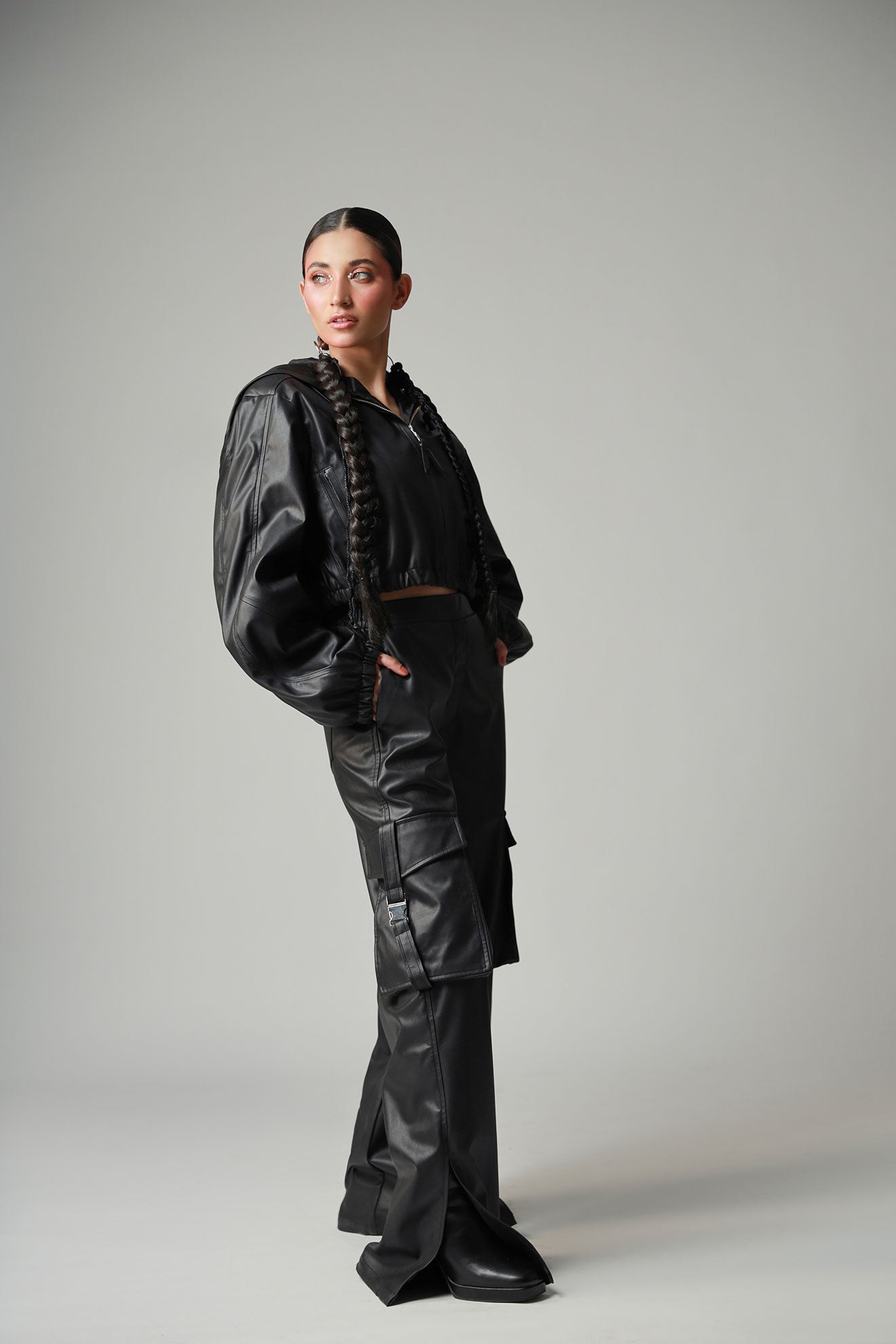 Black Cropped Leather Hooded Jacket
