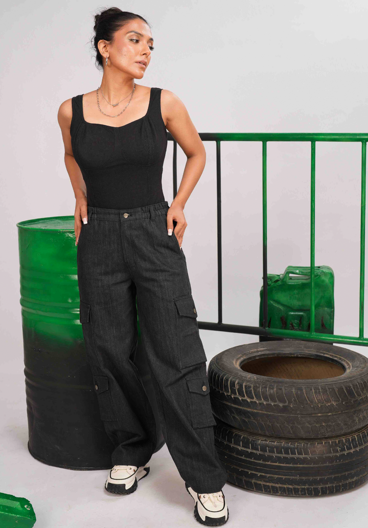 Black Denim Cargo Pants