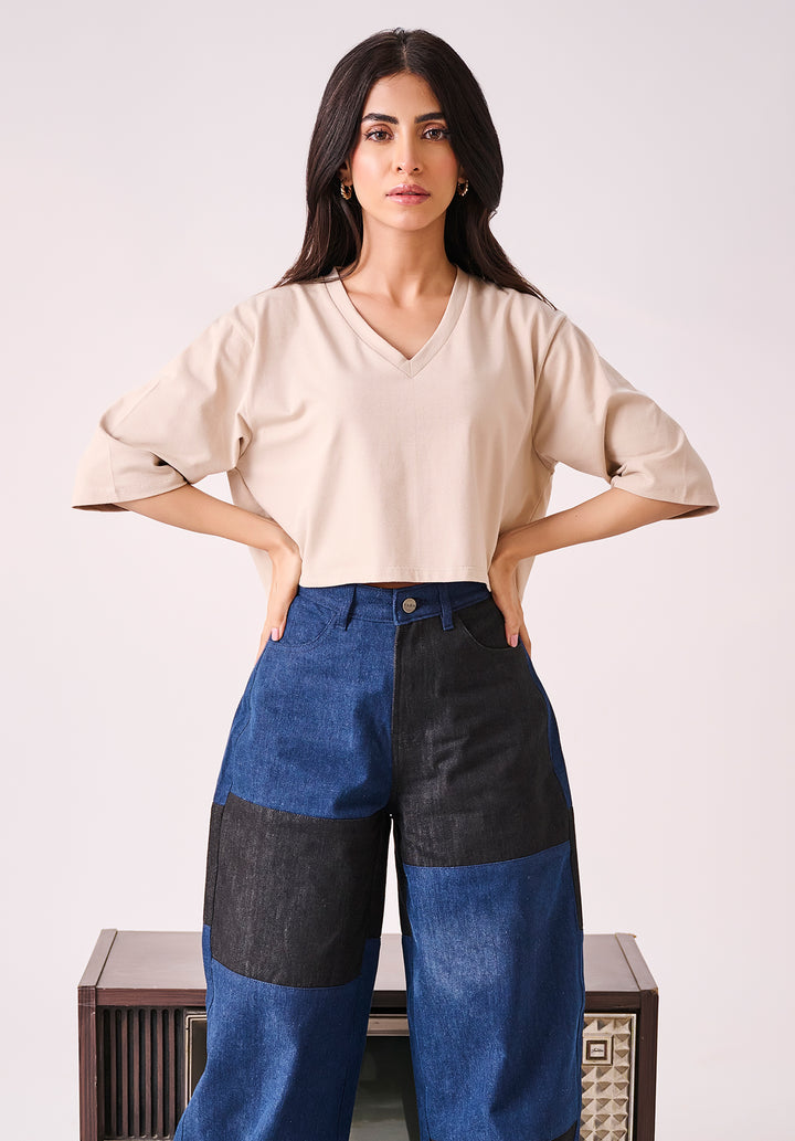 Beige V Neck Oversized Crop Tshirt