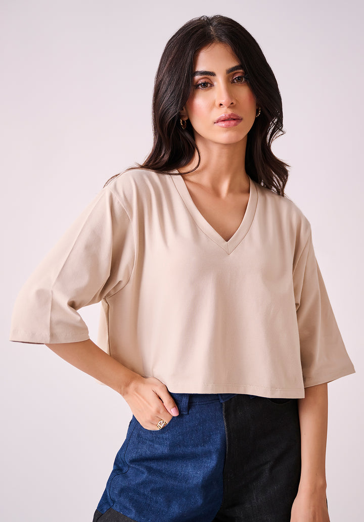 Beige V Neck Oversized Crop Tshirt
