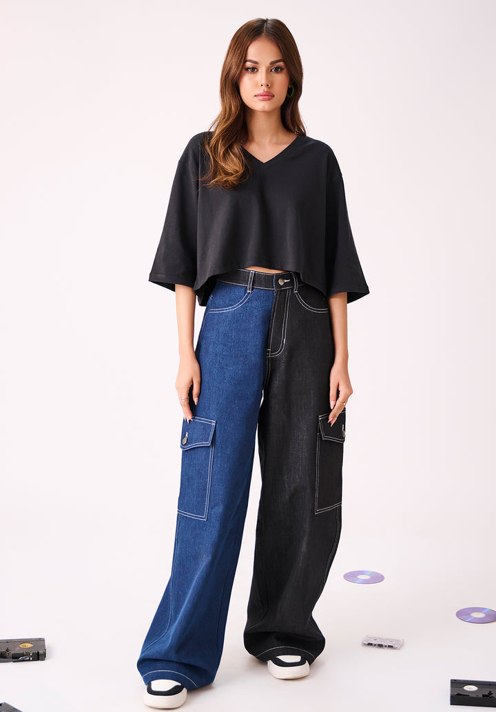 Black V Neck Oversized Crop Tshirt