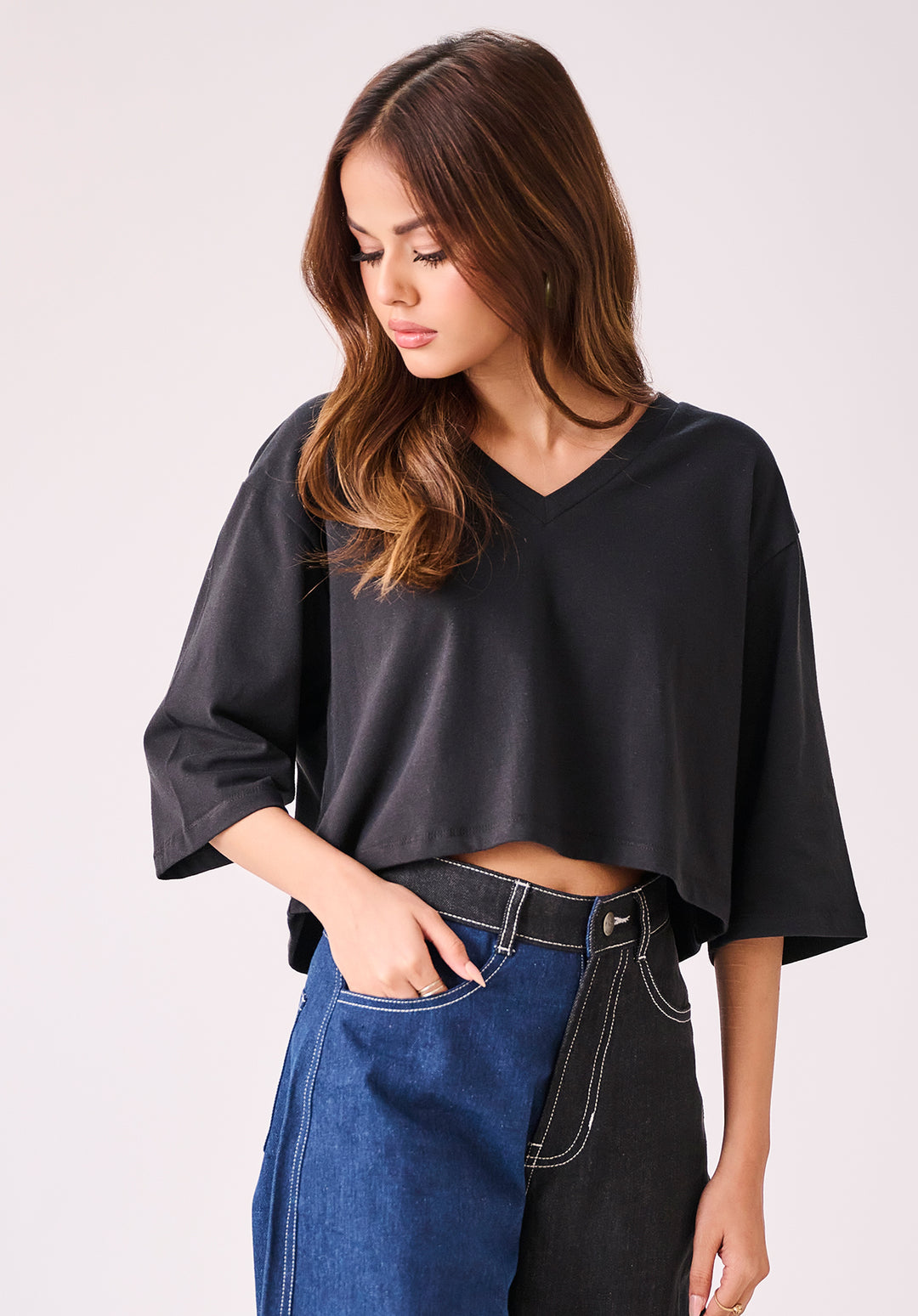 Black V Neck Oversized Crop Tshirt