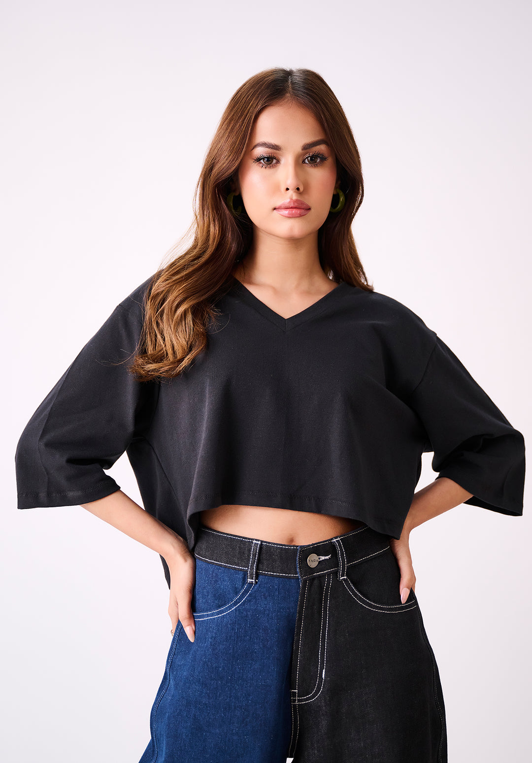 Black V Neck Oversized Crop Tshirt
