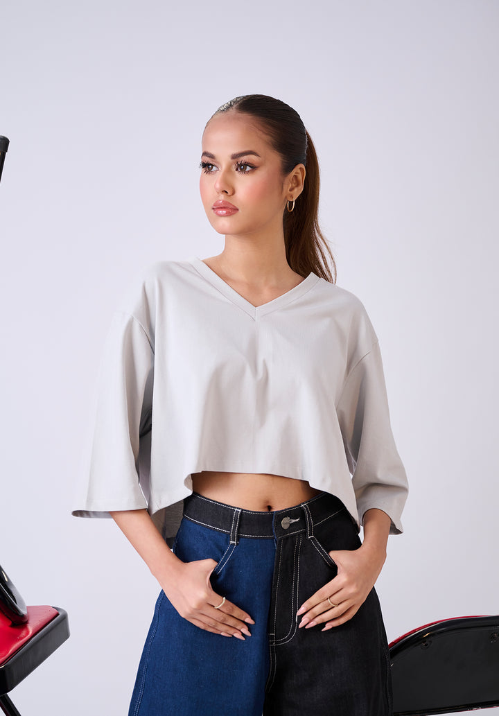 Grey V Neck Oversized Crop Tshirt