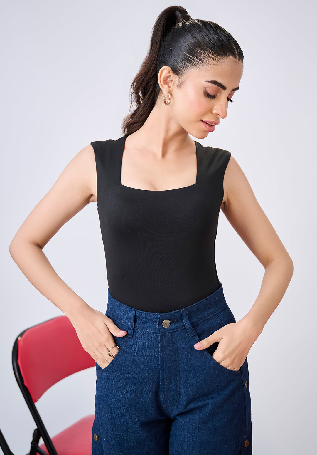 Black shoulder strap bodysuits