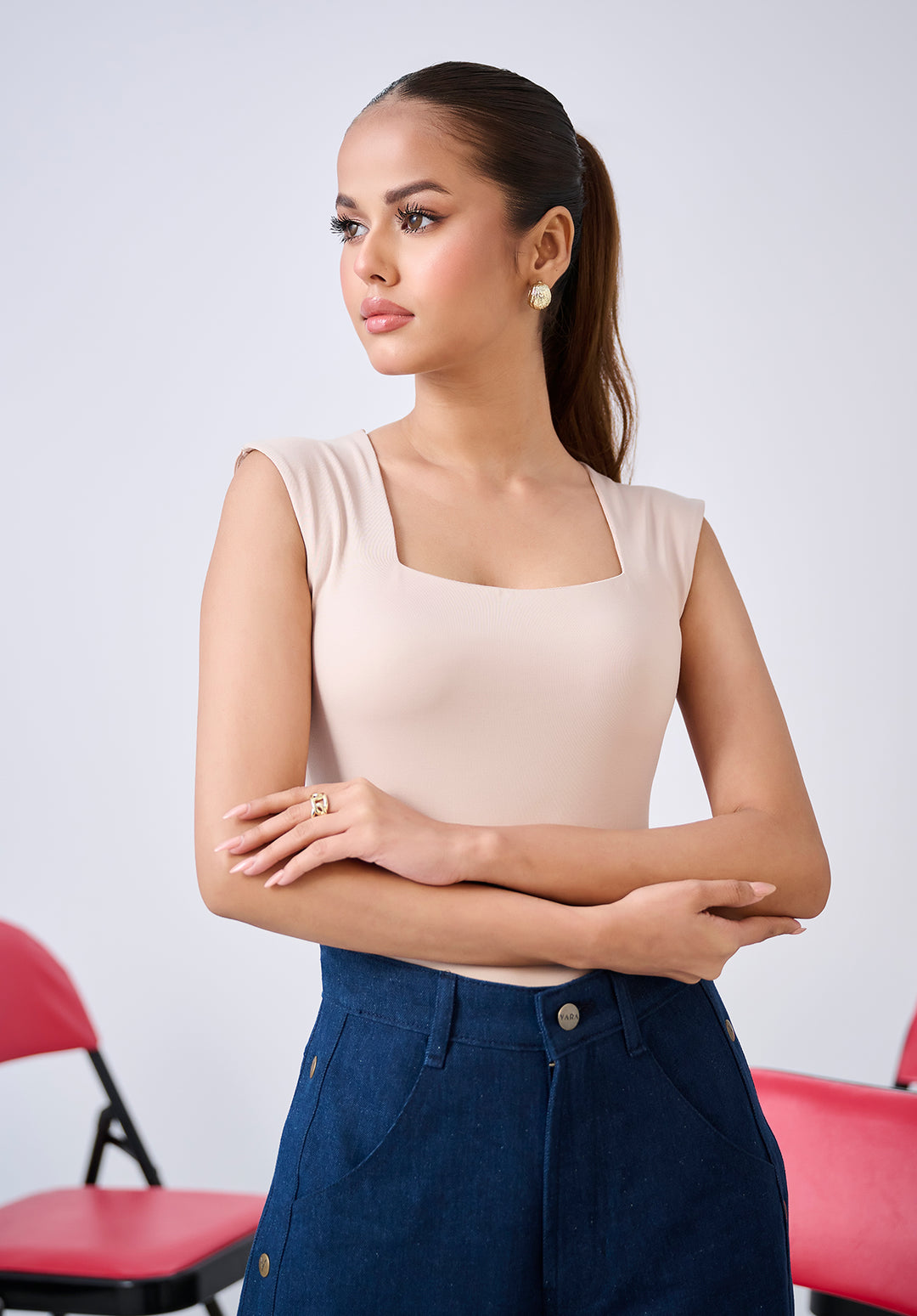 Beige Shoulder Strap Bodysuits