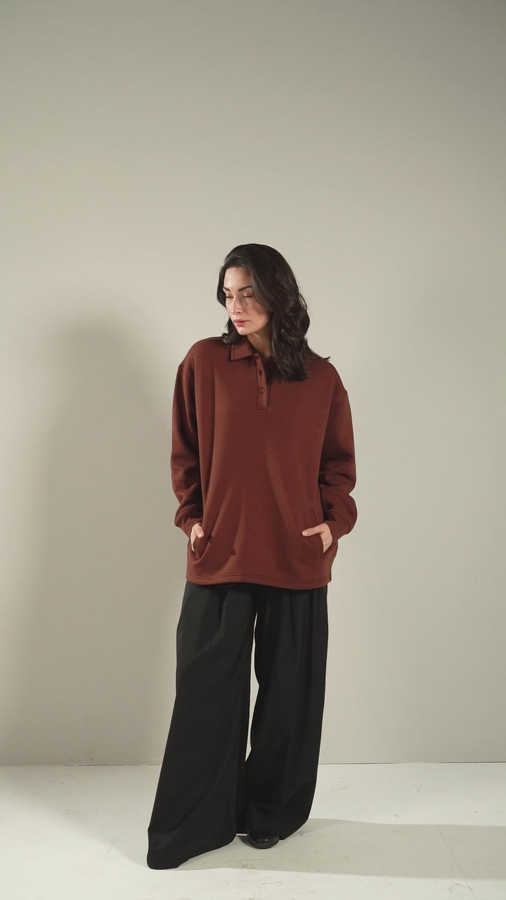 Brown Button Collar Sweat Shirt Women